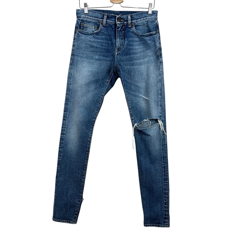 Saint Laurent Paris Men's D02 M/SK-LW Blue Denim Distressed Ripped Jeans Size 30